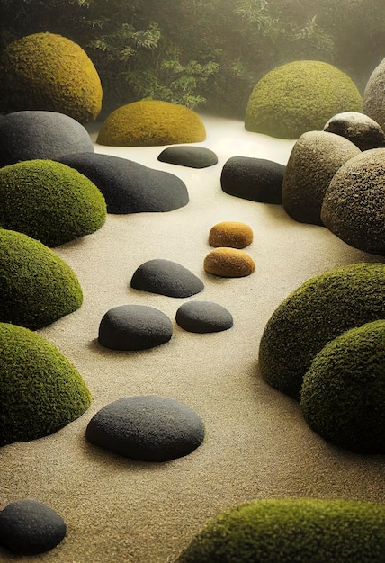 Il rilassante giardino Zen con pietre grigie e muschiose sulla sabbia bianca Il concetto di equilibrio armonico e il massaggio termale di meditazione rilassano l'illustrazione 3D