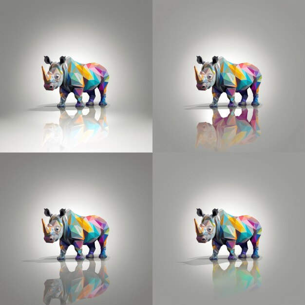 Il rinoceronte colorato è raffigurato su uno sfondo grigio in stile low poly Generative Ai