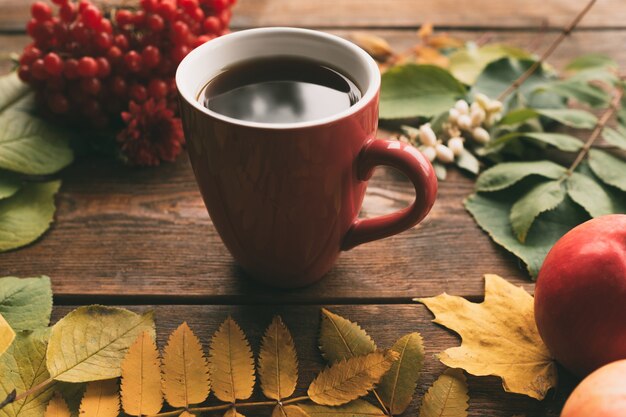 Il riscaldamento del caffè o del tè raccolto in autunno il concetto di legno. Intimità autunnale.