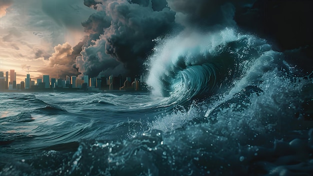 Il riscaldamento globale visualizzato Fotorealismo dello tsunami di carbonio