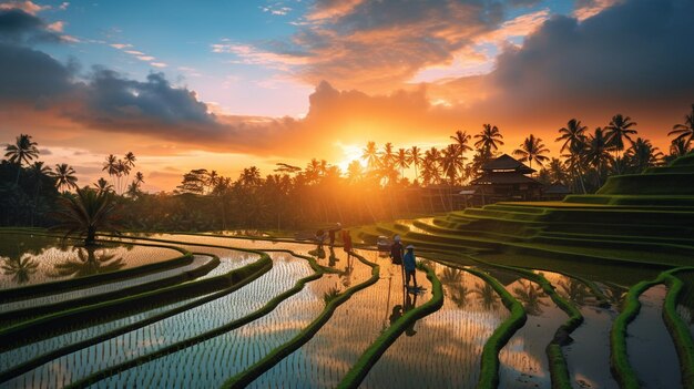 Il riso biologico raccolto al tramonto La bellezza di Bali