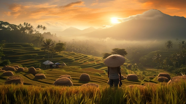 Il riso biologico raccolto al tramonto La bellezza di Bali