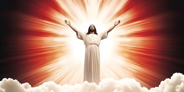 Il risuscitato Gesù Cristo ascende al cielo sopra il cielo luminoso e le nuvole Dio Cielo e il concetto della Seconda Venuta