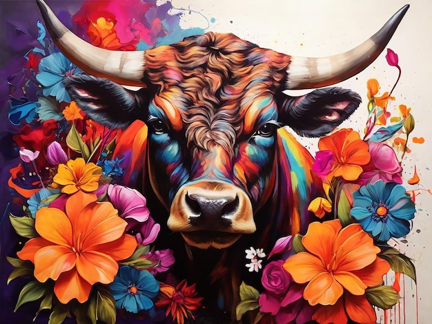 Il ritratto artistico colorato di un toro circondato da un'esplosione di fiori vivaci