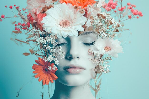 Il ritratto astratto del collage di arte contemporanea di giovane donna con fiori sul viso nasconde gli occhi