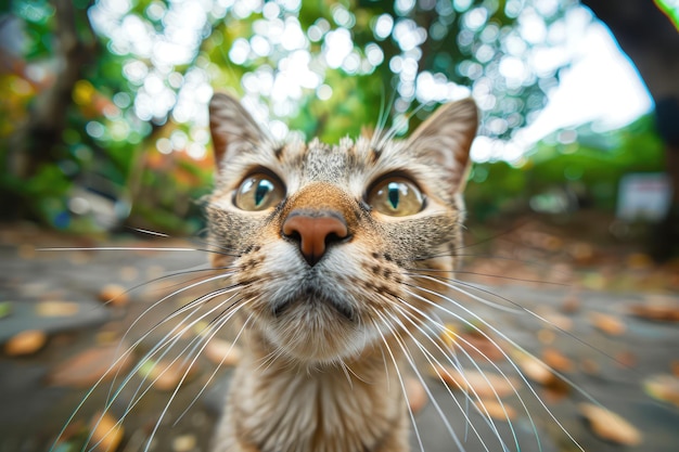 Il ritratto del gatto da vicino L'animale divertente che guarda nella telecamera Il naso del gatto L'obiettivo ad angolo ampio