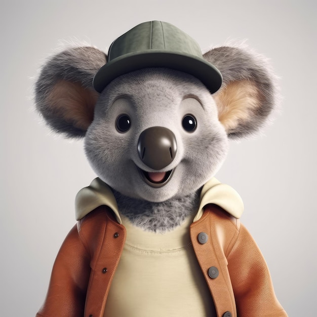 Il ritratto del koala del fumetto 3D che indossa i vestiti che si levano in piedi nelle luci dello studio davanti generativo ai