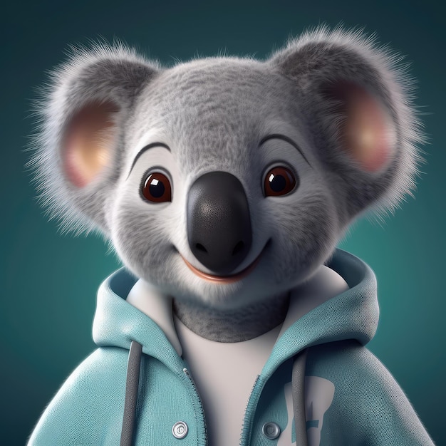 Il ritratto del koala del fumetto 3D che indossa i vestiti che si levano in piedi nelle luci dello studio davanti generativo ai