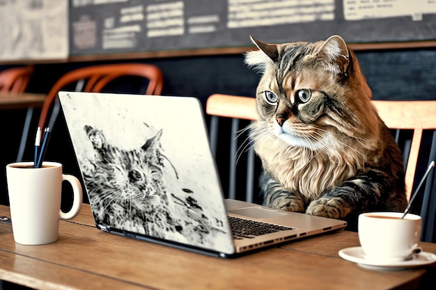 Il ritratto del lavoro del gatto al computer portatile in caffè generativo ai