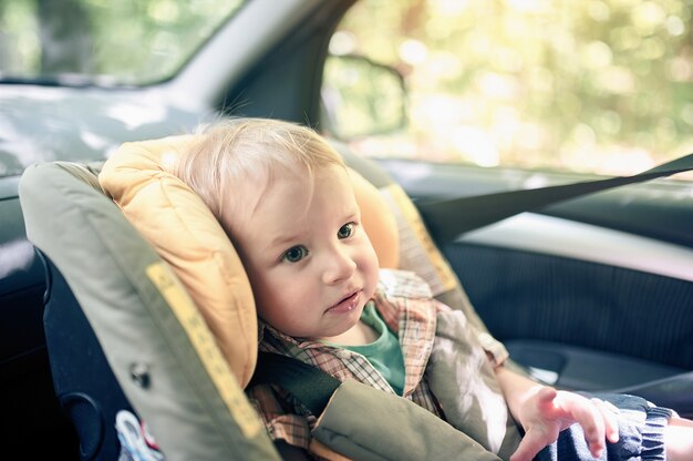 Il ritratto del ragazzo grazioso del bambino di 1 anno che si siede nel sedile di sicurezza dell'automobile ha montato nel sedile anteriore.