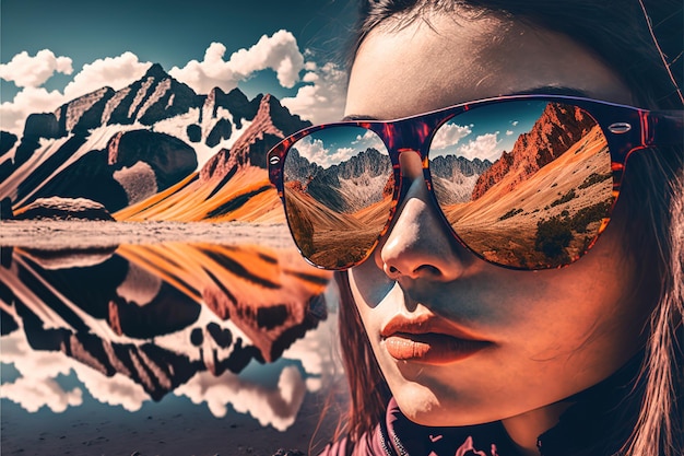 Il ritratto dell'escursionista indossa occhiali da sole con il riflesso della meravigliosa montagna e del cielo