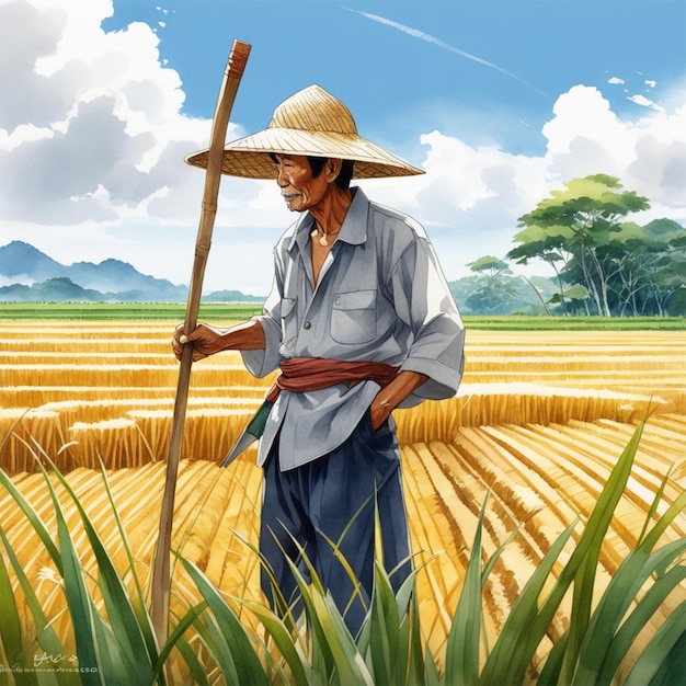 Il ritratto dell'illustrazione del vecchio contadino indonesiano che indossa un cappello di paglia tiene il supporto della zappa rivolto verso il lato