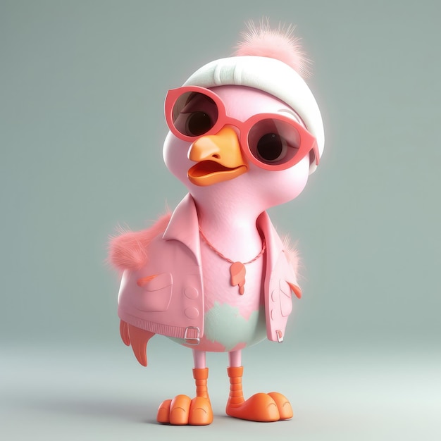 Il ritratto dell'uccello del fenicottero del fumetto 3D che indossa i vestiti che si levano in piedi nelle luci dello studio davanti generativo ai