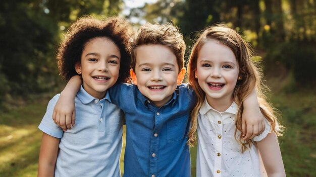 Il ritratto di bambini felici e carini, ragazzi e ragazze in abiti casuali alla moda.