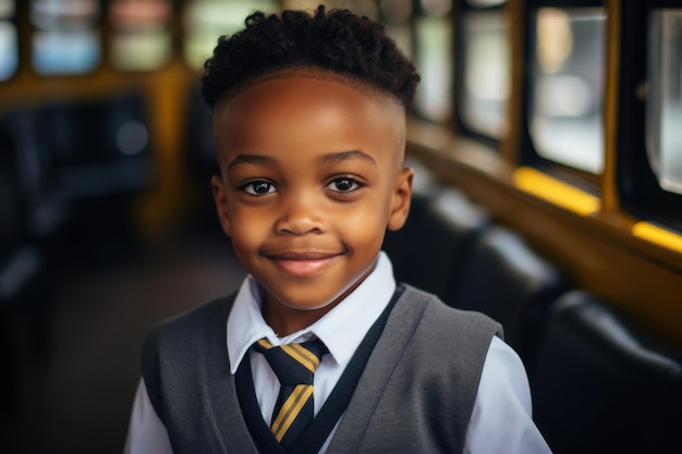 Il ritratto di un ragazzo di scuola elementare multietnico felice sorridente si è vestito in uno spirito uniforme scolastico convenzionale