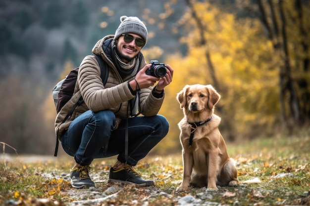 Il ritratto di un ragazzo fotografo con la macchina fotografica e il suo migliore amico cane Generative AI