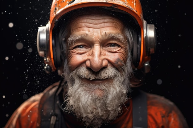 Il ritratto di un uomo anziano con un casco parla di una vita di esperienze i suoi tratti invecchiati rivelano storie incise nelle linee del suo viso