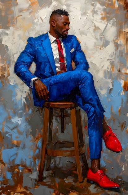 il ritratto di un uomo seduto su uno sgabello in un vestito blu