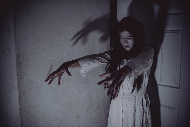 Il ritratto di una donna asiatica compone il fantasmaScena horror spaventosa per lo sfondoConcetto del festival di HalloweenPoster di film fantasma