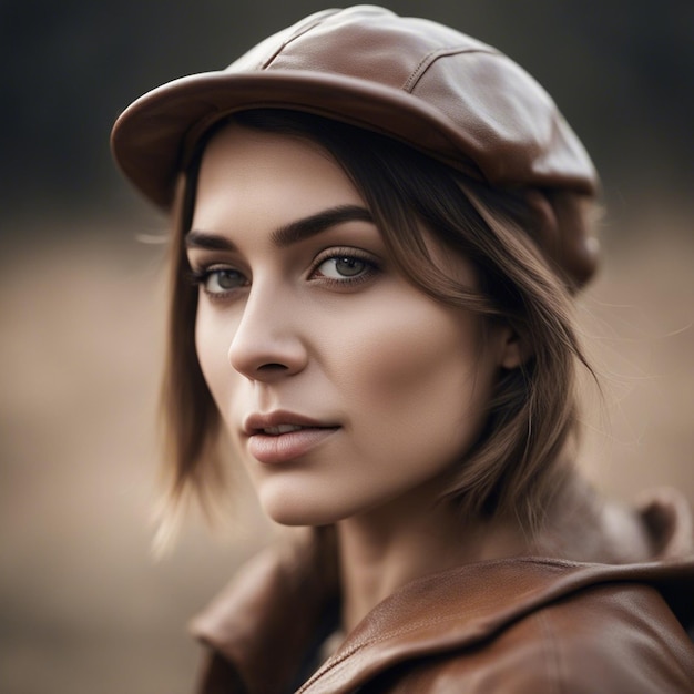 Il ritratto di una giovane donna rumena di 25 anni spiegazzato in un berretto da minatore in pelle con sfondo bianco
