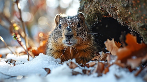 Il ritratto di una marmotta che emerge da una tana coperta di neve