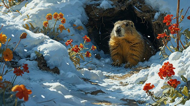 Il ritratto di una marmotta che emerge da una tana coperta di neve