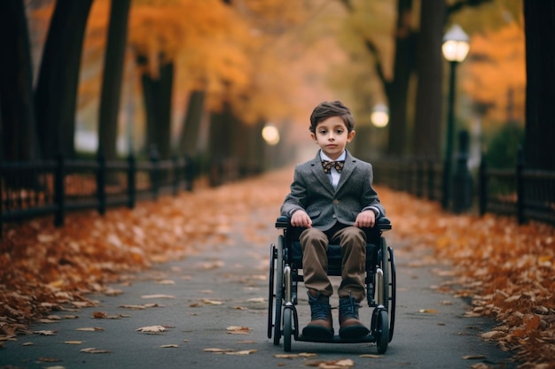 Il ritratto generato dall'AI di un bambino disabile autentico, una triste emozione in sedia a rotelle, una caduta all'aperto