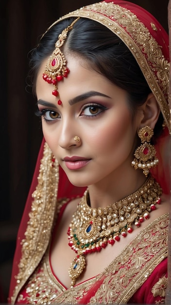 Il ritratto incantevole di una sposa indiana in Lehenga rossa e gioielli opulenti