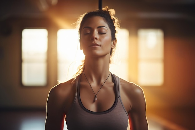 Il ritratto ravvicinato di una donna sportiva attraente prende fiato prima di continuare l'allenamento in palestra