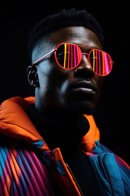 Il ritratto retro wave o synth wave di un giovane uomo africano felice e serio allo studio High Fashion