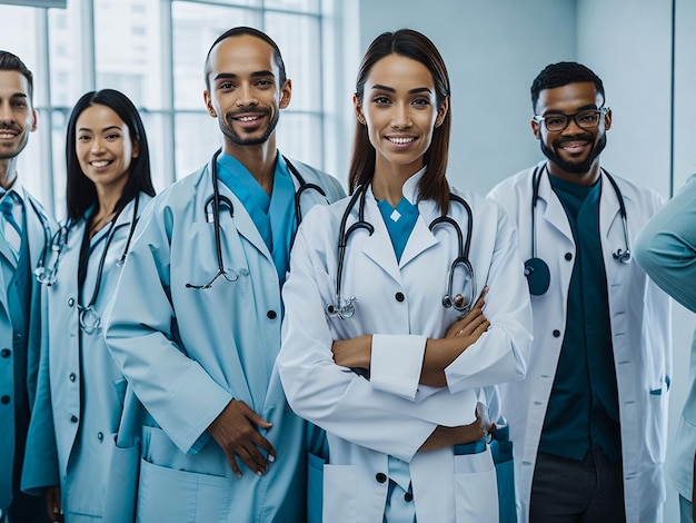 Il riuscito gruppo di medici sta esaminando la macchina fotografica e sta sorridendo mentre stava nell'ospedale