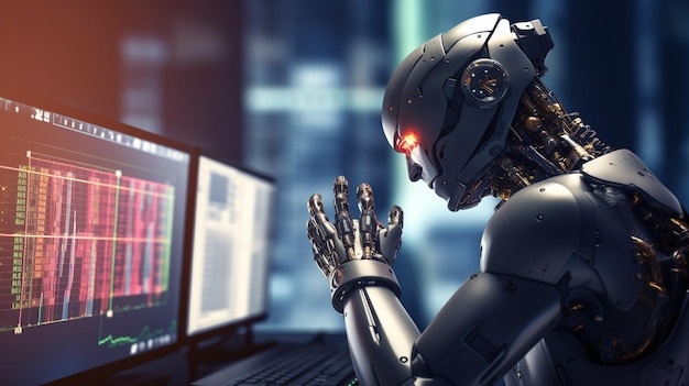 Il robot AI analizza la decisione commerciale di investimento dei dati aziendali sul mercato forex Illustrazione 3D generata dall'intelligenza artificiale