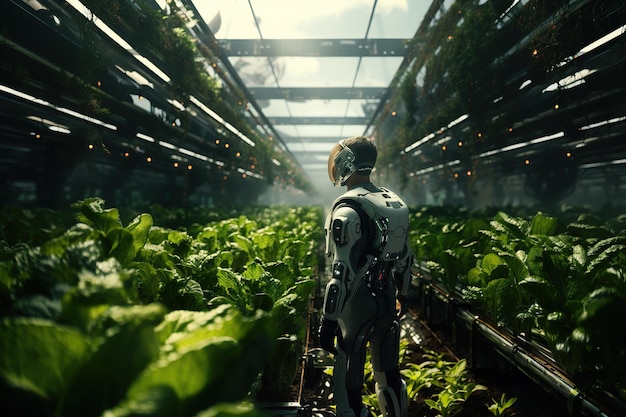 Il robot Android coltiva verdure e verdure in una grande serra