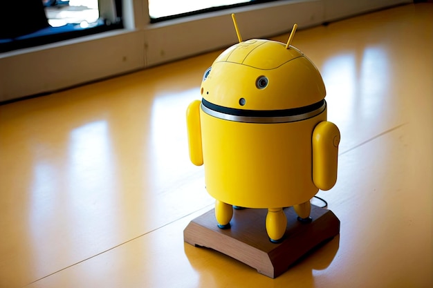 Il robot Android giallo aspira i supporti Android sul tavolo ai generativo