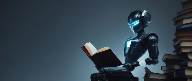 Il robot Android legge un libro seduto su una panchina IA generativa