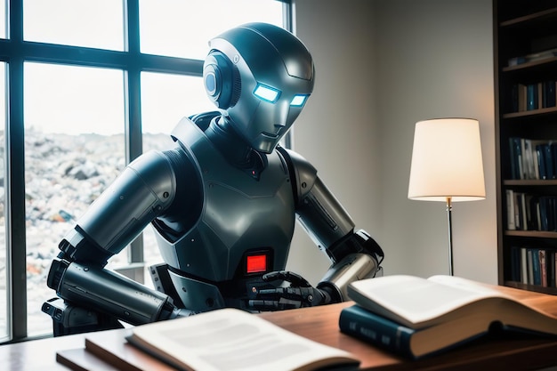 Il robot Android legge un libro seduto su una panchina IA generativa