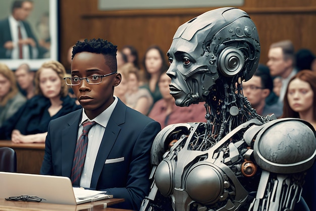 Il robot antropomorfo nella rete neurale del tribunale umano ha generato il concetto di diritto dell'arte ai