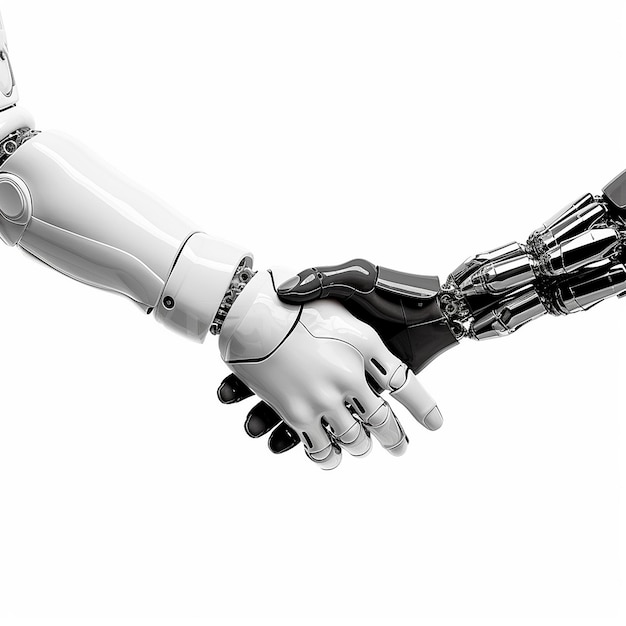 Il robot e la mano umana si isolano scuotendo lo sfondo bianco Immagine generata dall'IA