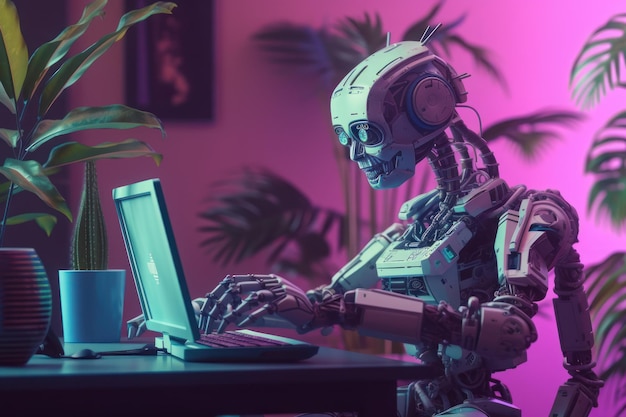 Il robot è seduto al tavolo Gpt Chat sfondo neon intelligenza artificiale alta tecnologia