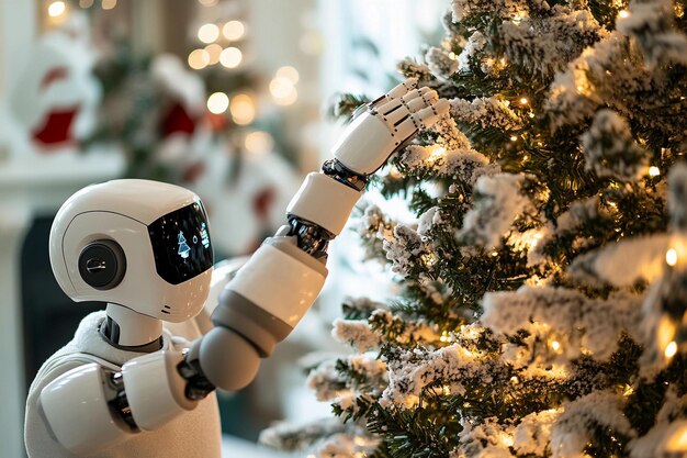 Il robot interagisce con un albero di Natale festivo adornato con luci e ornamenti AI generativa