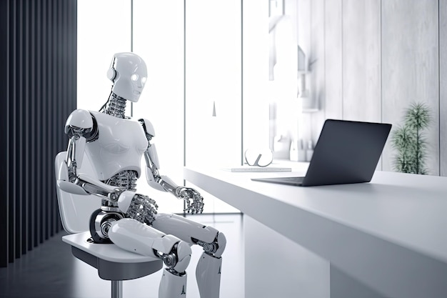 Il robot lavora con un laptop in ufficio il robot è seduto con un moderno laptop IA generativa