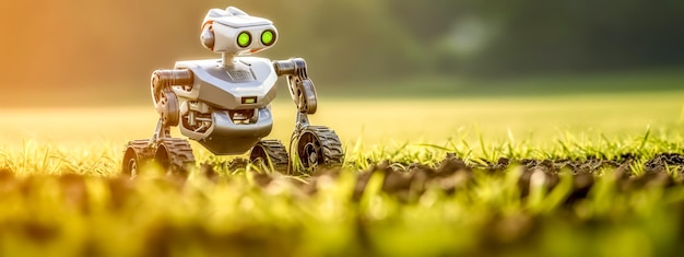 Il robot lavora in agricoltura coltivando piante senza sostanze chimiche Concetto di economia sostenibile banner con spazio di copia realizzato con intelligenza artificiale generativa