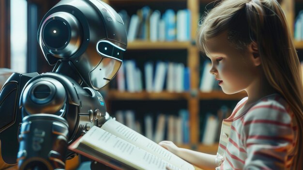 Il robot legge una storia a un bambino mostrando i robot che nutrono il potenziale nella società Le relazioni robotiche