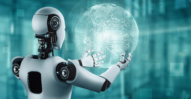 Il robot ominoide AI che tiene lo schermo dell'ologramma mostra il concetto di comunicazione globale