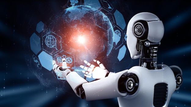 Il robot ominoide Xai ai che tiene in mano uno schermo ologramma mostra il concetto di comunicazione globale