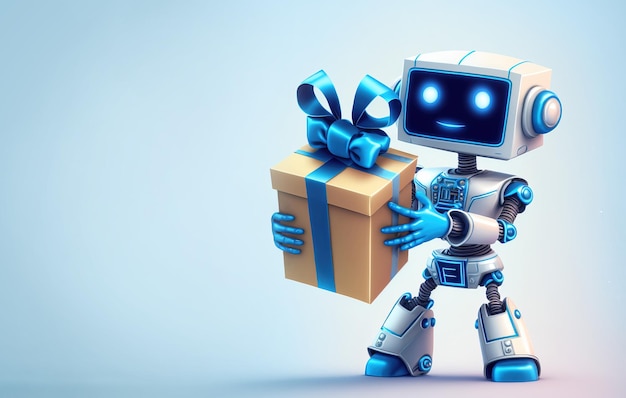 Il robot presenta un regalo su sfondo blu illust AI generativo