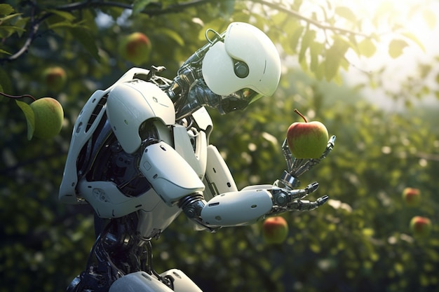 Il robot raccoglie le mele nel frutteto con l'IA generativa