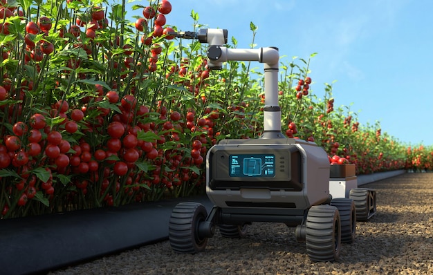 Il robot sta raccogliendo i pomodori in un giardino di pomodori