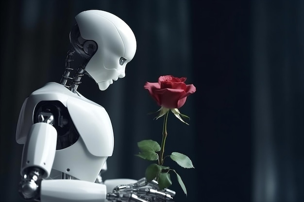 Il robot umanoide bianco dell'IA sta tenendo i fiori, un concetto futuristico di sfondo generato dall'IA