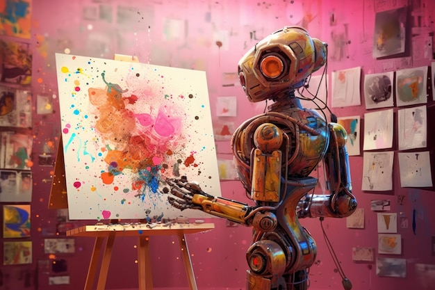 Il robot umanoide con AI dipinge su un cavalletto con spruzzi di colori ad acquerello primo piano estremo IA generativa